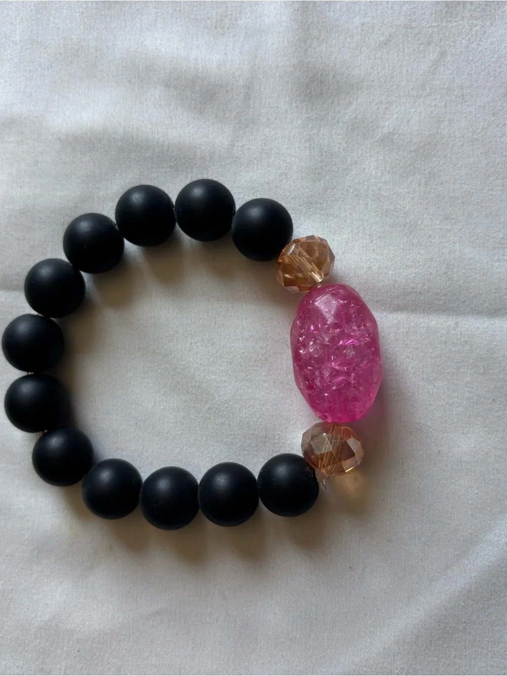 Pink Crystal Accent Black Bead Stretch Bracelet